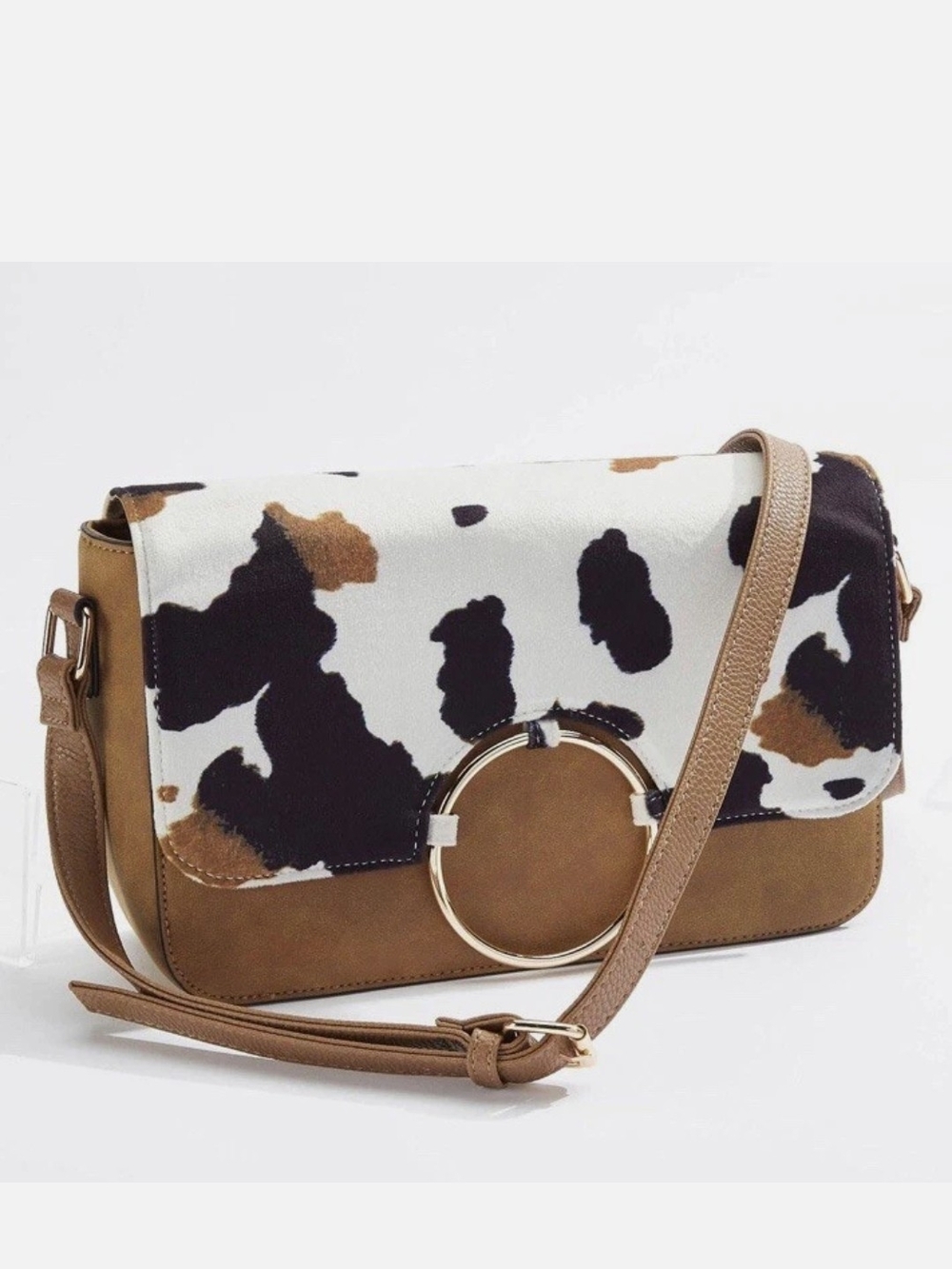 Cato Cow-Print Crossbody with Brown Trim and Gold Ring